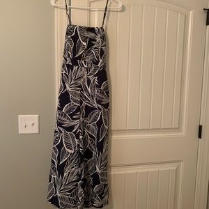 Navy blue and white leaf print romper size large